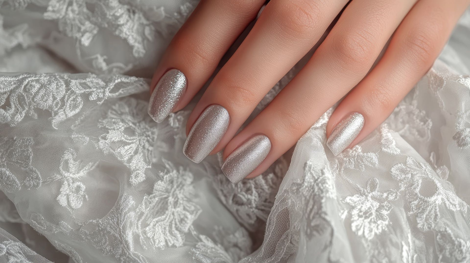 A woman's hand with a stunning silver nail polish manicure, gracefully holding white lace fabric on a white background